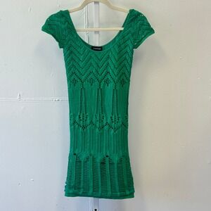 Y2K Bebe Green Crochet Knit Bodycon Mini Dress Short Sleeve Scoop Neck Petite Sm